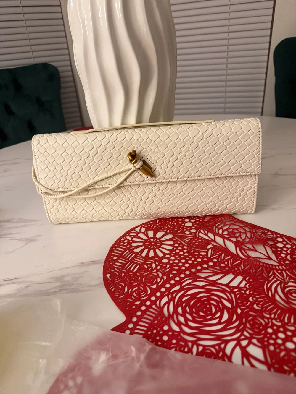 Woven Cream Leather Clutch with Subtle Gold Detail